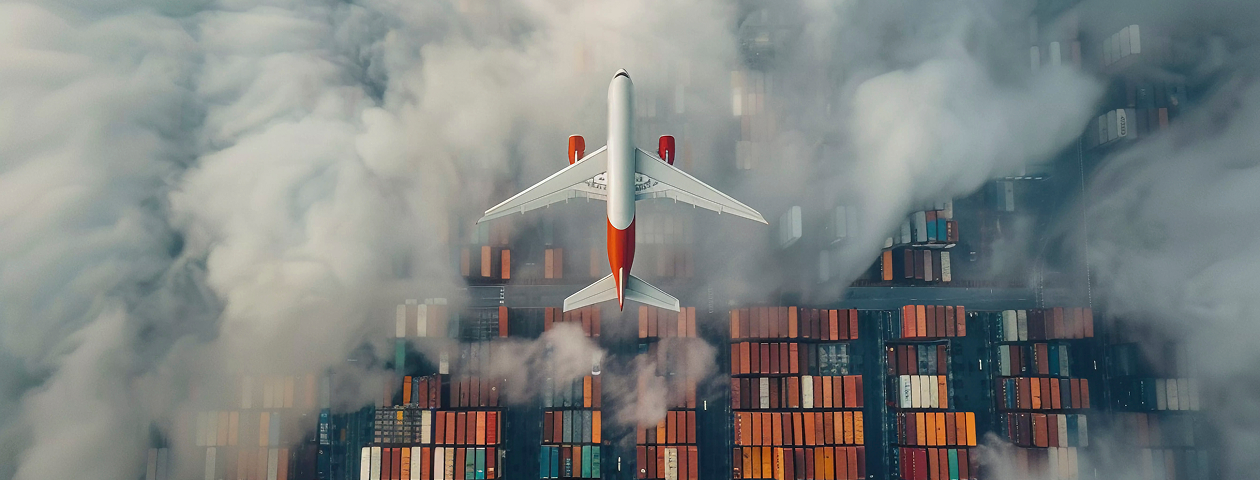Background image showing a plane flying over scores of shipping containers